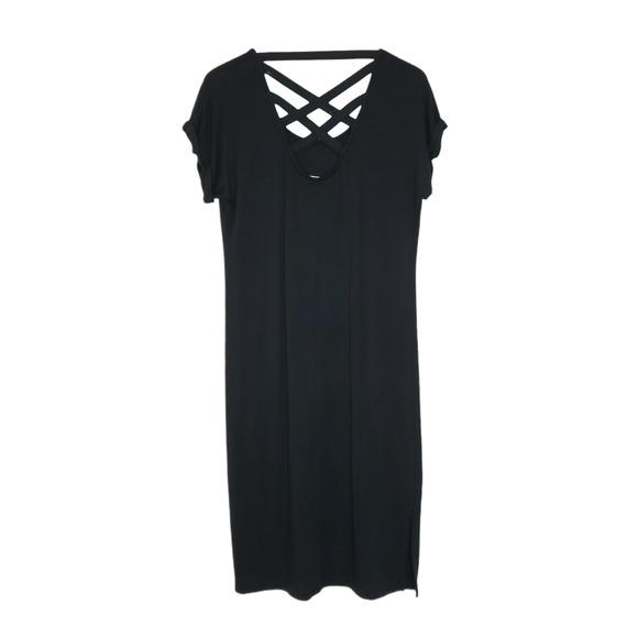 Athleta Crossback Sweatshirt Dress M Black Short Sleeve Side Slits Modal - Picture 2 of 11